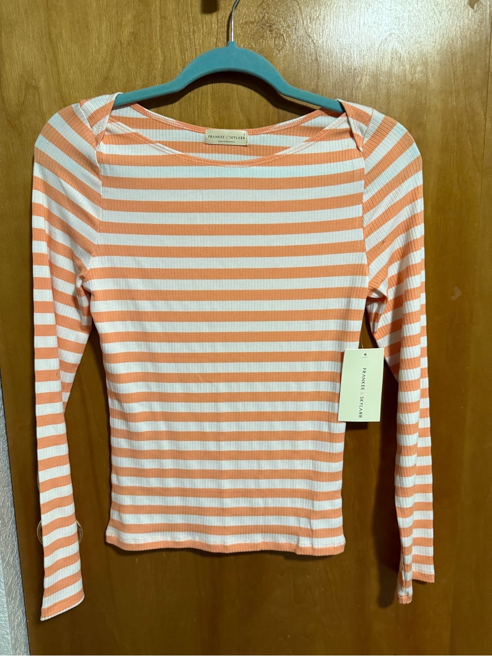Frankie & Skylarr Coral and White Striped Long-Sleeve Ribbed Top